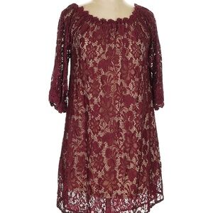 Altar’d State Large Burgundy Scoop Neck 3/4 Sleeve Lace Dress